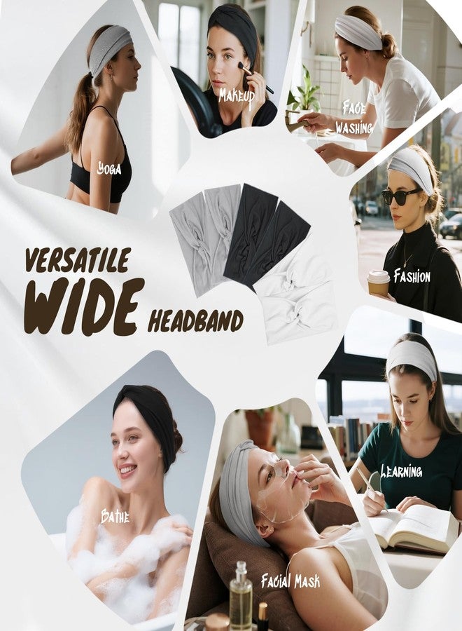 HSEM Headbands for Women, Non Silp Wide Hair Bands, Elastic Thick Head Bands, Stretchy Soft Sports Sweat Bands for Spa Workout Running Gym, Cotton Cloth Hair Accessories 6Pcs, Two Black/White/Gray - Image 4